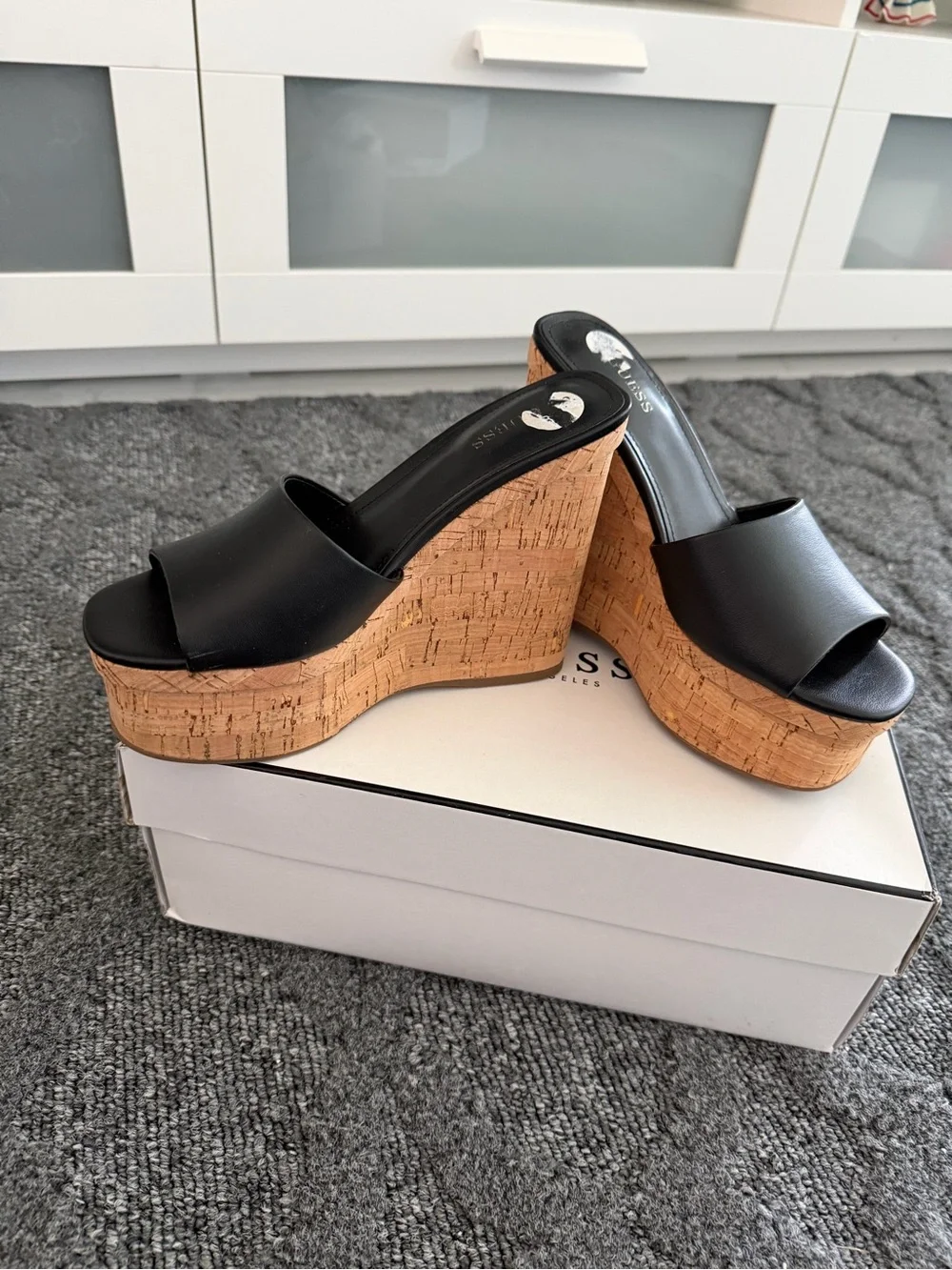 Guess Black Leather Cork Wedge Slide Sandals